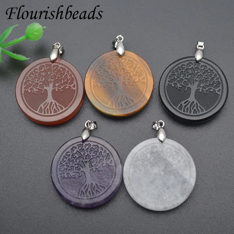 5pcs/lot Tree of Life Gemstone Amethyst Round Pendant Necklace Women Jewelry Luck Power Gift