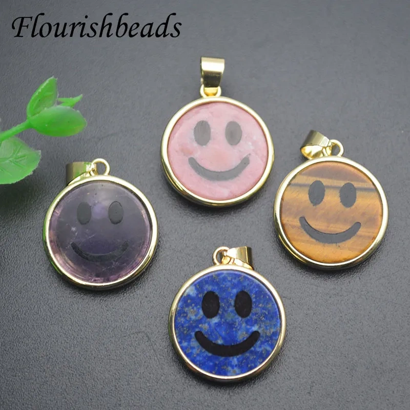 15mm Cute Smiley Round Natural Stone Pendants Lipis Amethyst Charms for DIY Necklace Jewelry Making Accessories 5pcs/lot