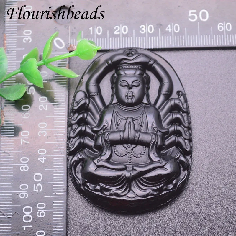 Natural Stone Black Obsidian Carved Guanyin Head Lucky Amulet Pendant DIY Necklace Fine Jewelry for Women Men
