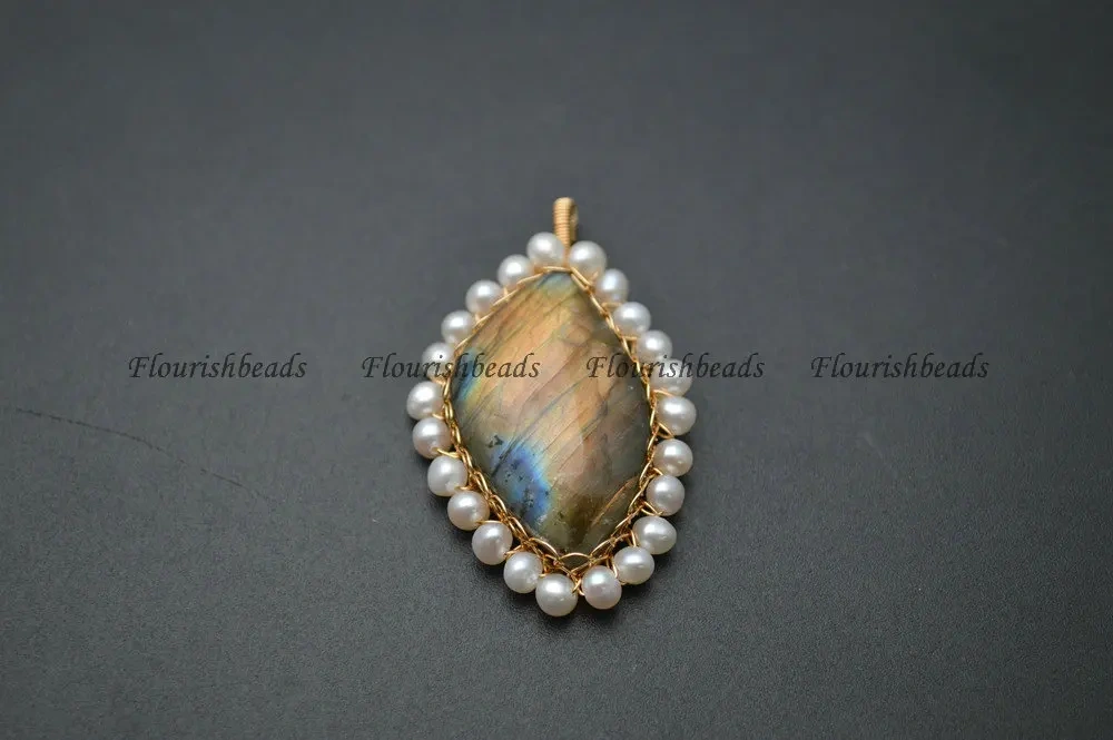 High Quality Shiny Natural Labradorite Stone Cabochon White Pearl Beads Wire Wrapped Laceword Pendant Fit Necklace Making