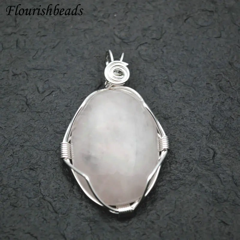 Handmade Winding Wire Natural Gemstone Oval Egg Shape Pendant Fit Necklace Jewelry DIY Stuff Tiger Eye / Pink Quartz / Agate