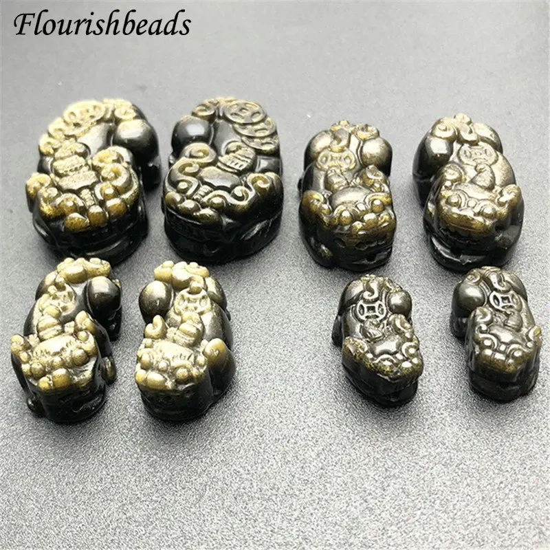 Natural Gold Obsidian Stone Carved Pixiu Pendant Fit Necklace Making Increase Luck with The Opposite Sex Jewelry 5pcs