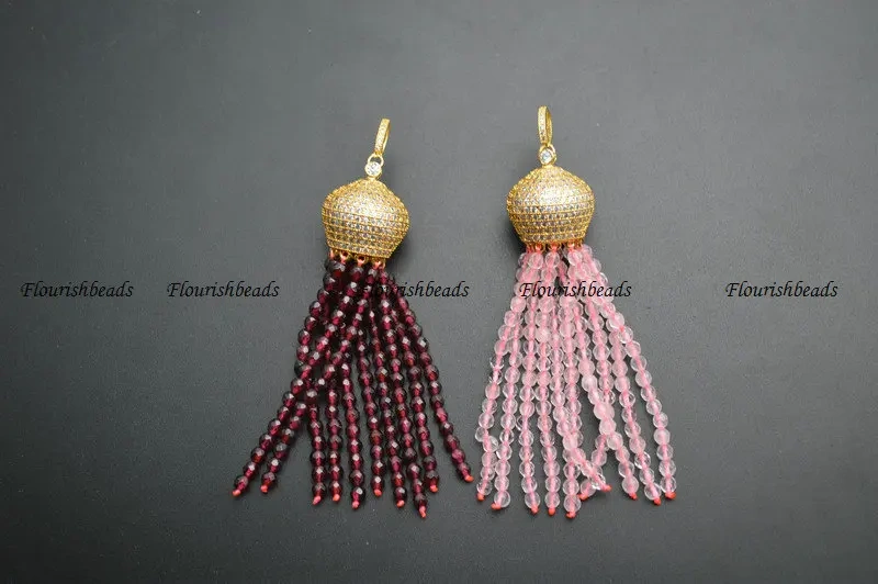Natural Faceted 3mm Garnet / Rose Quartz / White Howlite Turquoise Round Beads Tassel Pendants Paved CZ Metal Crown Cap