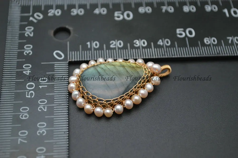 High Quality Shiny Natural Labradorite Stone Cabochon White Pearl Beads Wire Wrapped Laceword Pendant Fit Necklace Making