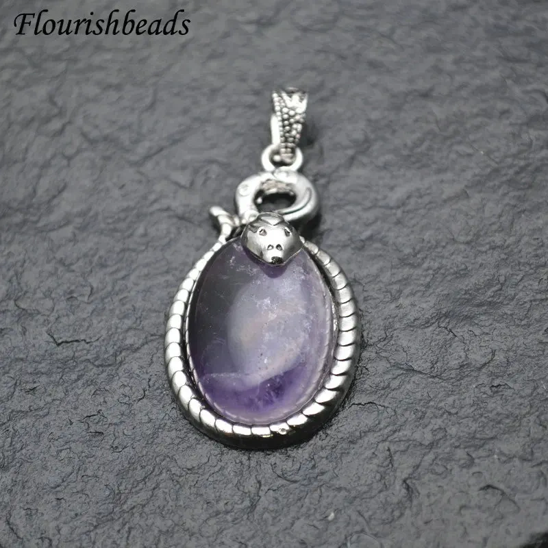 Snake Shape Metal Edge Natural Gemstone Oval Pendant Fit Necklace Jewelry DIY Stuff Tiger Eye / Pink Quartz / Amethyst / Crystal