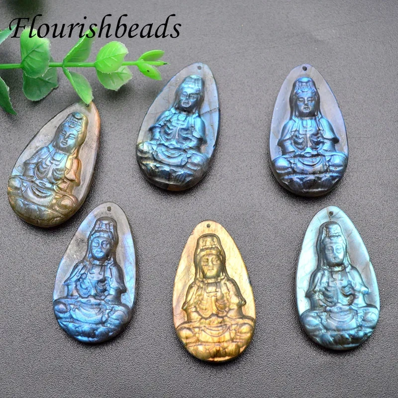 High Quality Natural Labradorite Guanyin Head Pendants Transhipped Buddha Head For necklace Jewelry Making