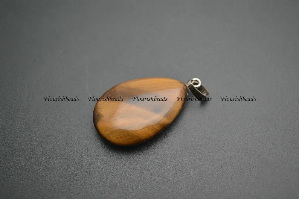 Natural Stone Flat Drop Pear Shape Pendants  ( Amethyst / Tiger Eye / Rose Quartz / Aventurine / Opal / Unakite / Black Agate)