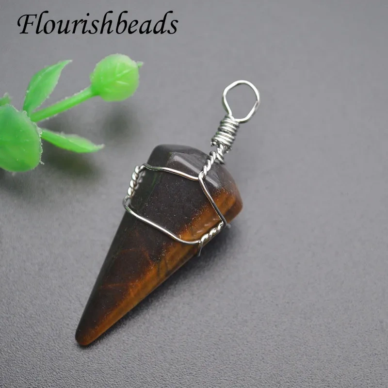 Wholesale 18x40mm Natural Stone Tourmaline  Amethyst Crystal Hexagonal Cone Metal Winding Luck Pendants for DIY Necklace