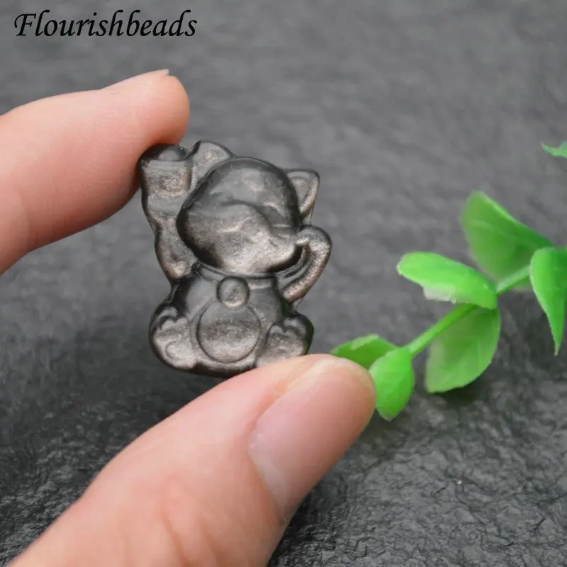 Natural Sivery Obsidian Cute Fortune Cat Gemstone Pendant Fit Necklace Buddhism Religion Accessories 5pcs / Lot