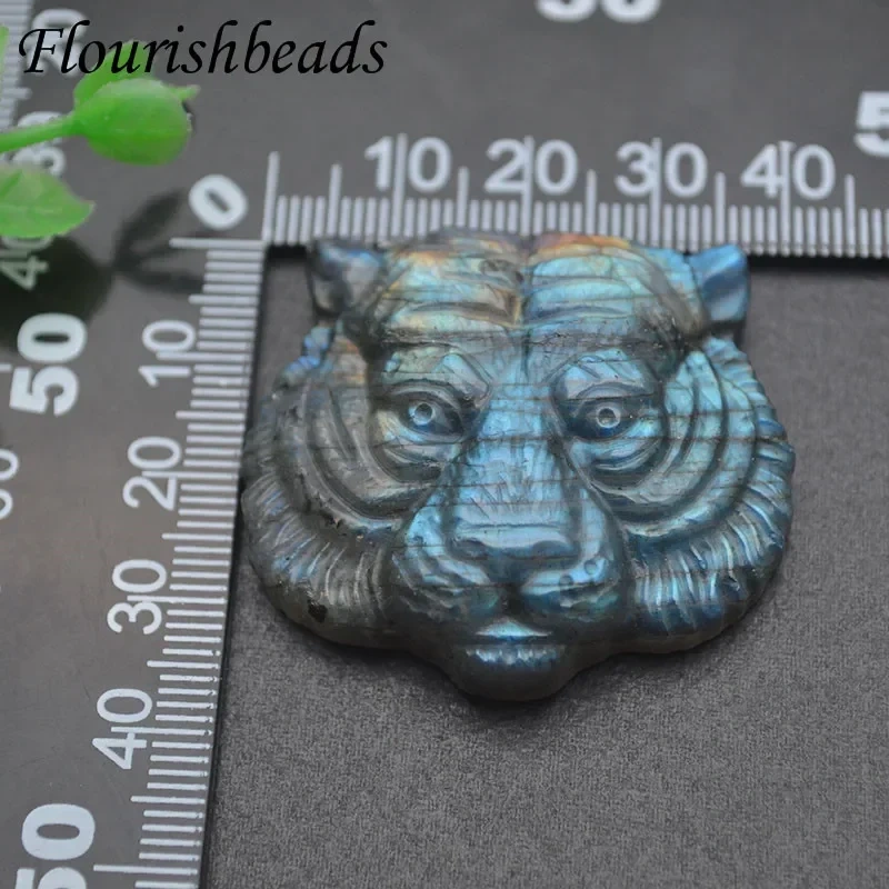 1pc Natural Stone Shiny Labradorite Carved Tiger Head Pendant Brave Quartz Crystal for DIY Fine Jewelry