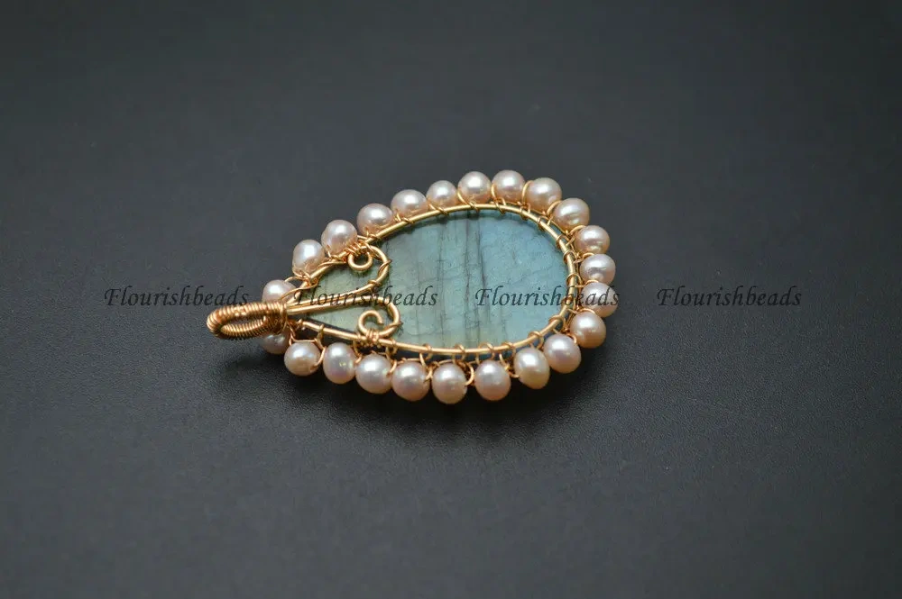 High Quality Shiny Natural Labradorite Stone Cabochon White Pearl Beads Wire Wrapped Laceword Pendant Fit Necklace Making