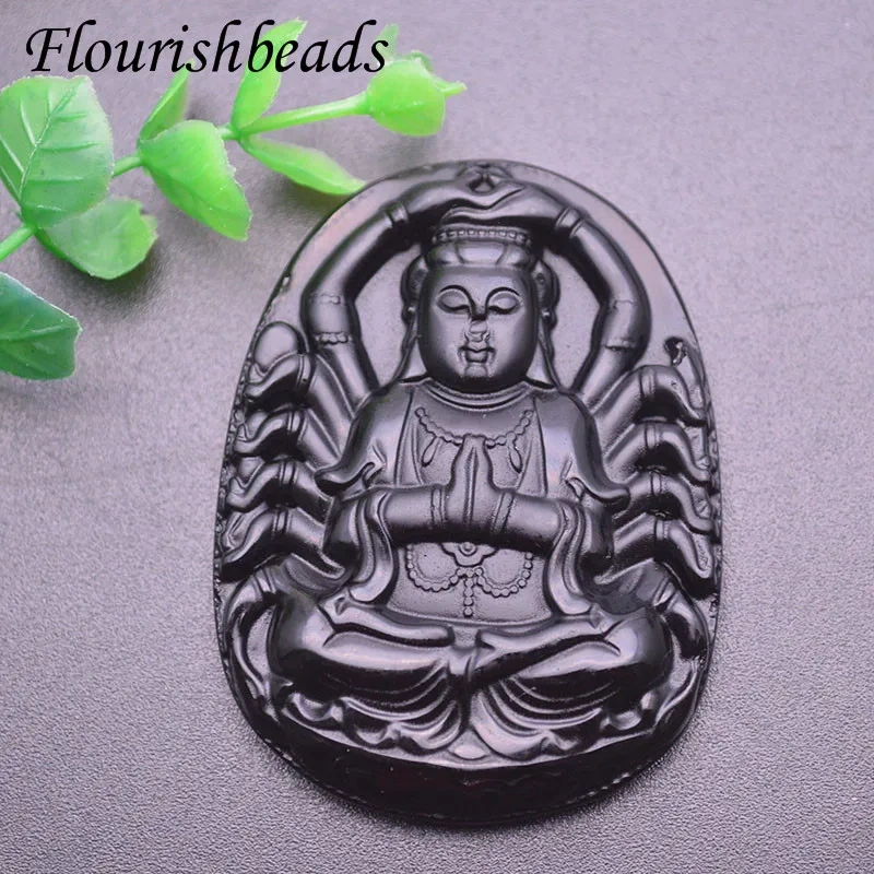 Natural Stone Black Obsidian Carved Guanyin Head Lucky Amulet Pendant DIY Necklace Fine Jewelry for Women Men