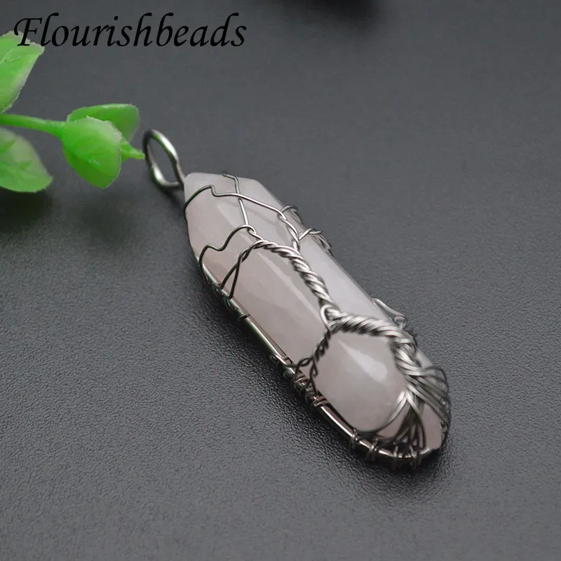 Fashion Trendy Natural Gemstome Tiger Eye Opal Rose Quartz Cylindrical Crystal Pendant Women's Jewelry Gift New
