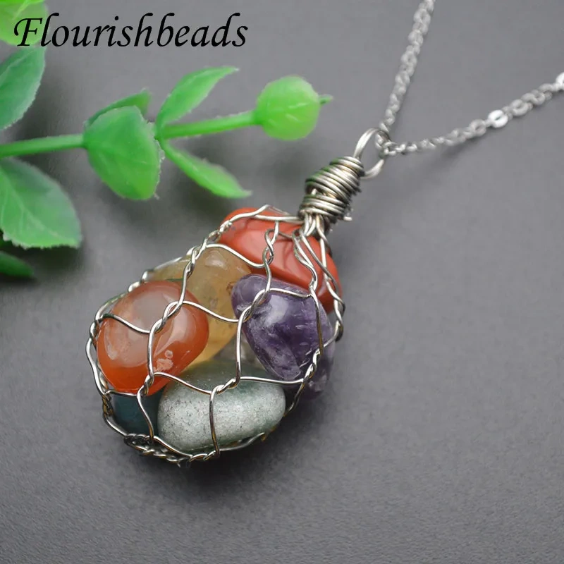 5pcs/lot  Natural Stone Crystal Amethyst Fluorite Polished Stone Nugget Rose Gold Wire Chakra Necklace Jewelry Choker Gifts