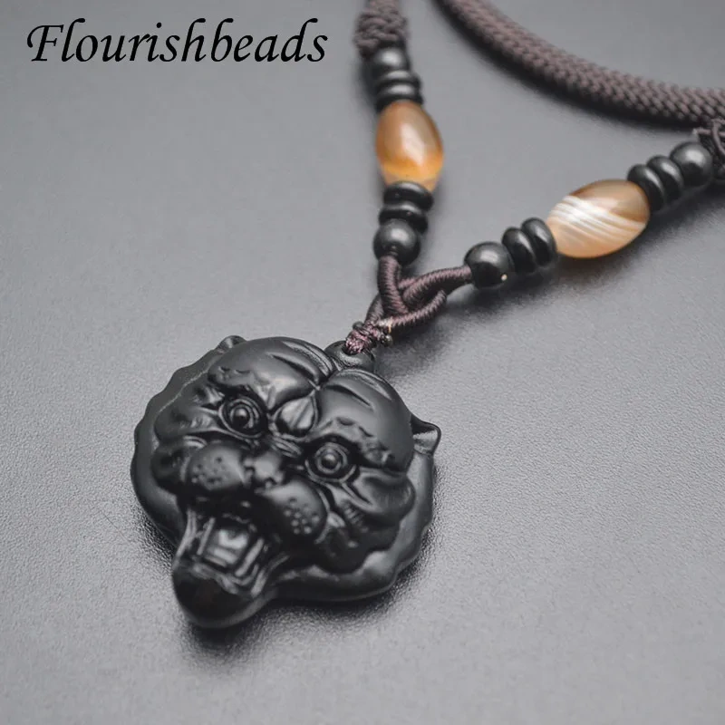 Natural Black Obsidian Stone Pendant Necklace Carved Wild Tiger Head Shape for Men Power Gemstone Gift