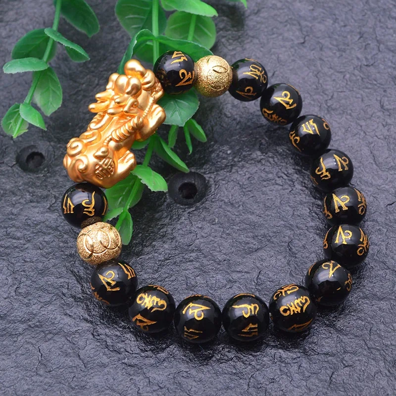 Wholesale 5pc Carved Gold Color Buddhist Words Natural Black Onyx Round Beads Metal Money Pixiu Charm Bracelet Man Jewelry