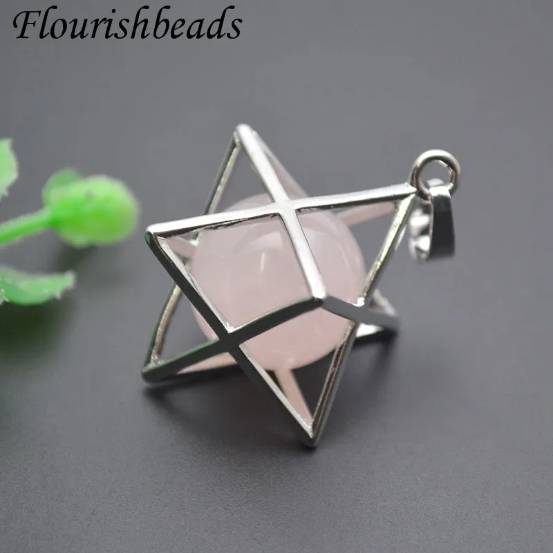 Natural Crystal Rose Quartz Round Beads Openwork Pendant for Men Women Healing Meditation Jewelry Gift