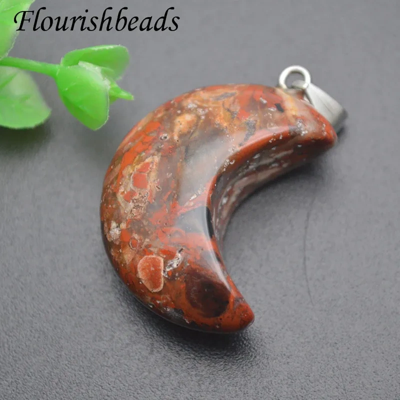 25x33mm Natural Dragon Blood Stone Moon Shape Charms Crystal Quartz Pendant DIY Fine Jewelry Making
