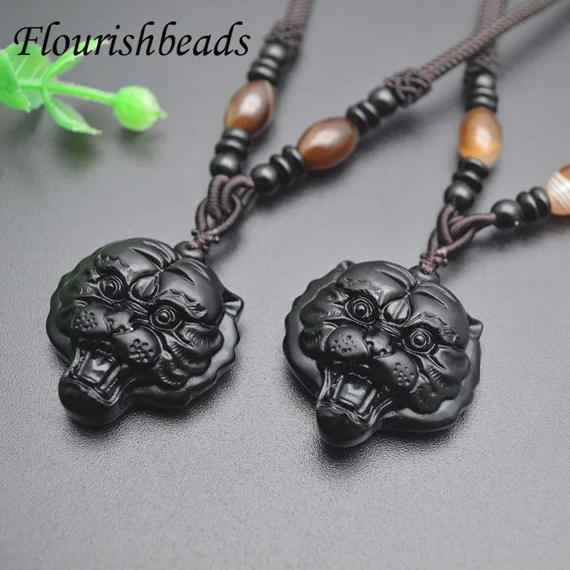 Natural Black Obsidian Stone Pendant Necklace Carved Wild Tiger Head Shape for Men Power Gemstone Gift
