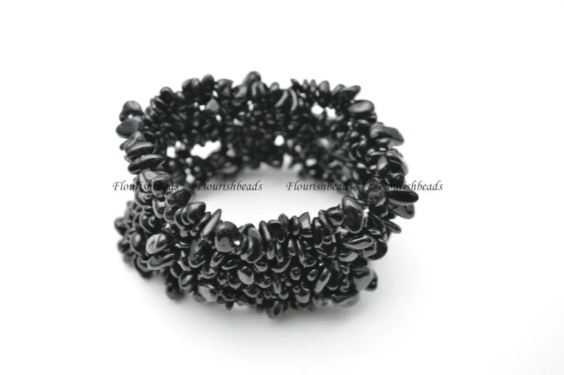 Natural Black Tourmaline Stone Chips Beads 35mm Width Wrapped Bracelets Fashion Party Jewelry Gift
