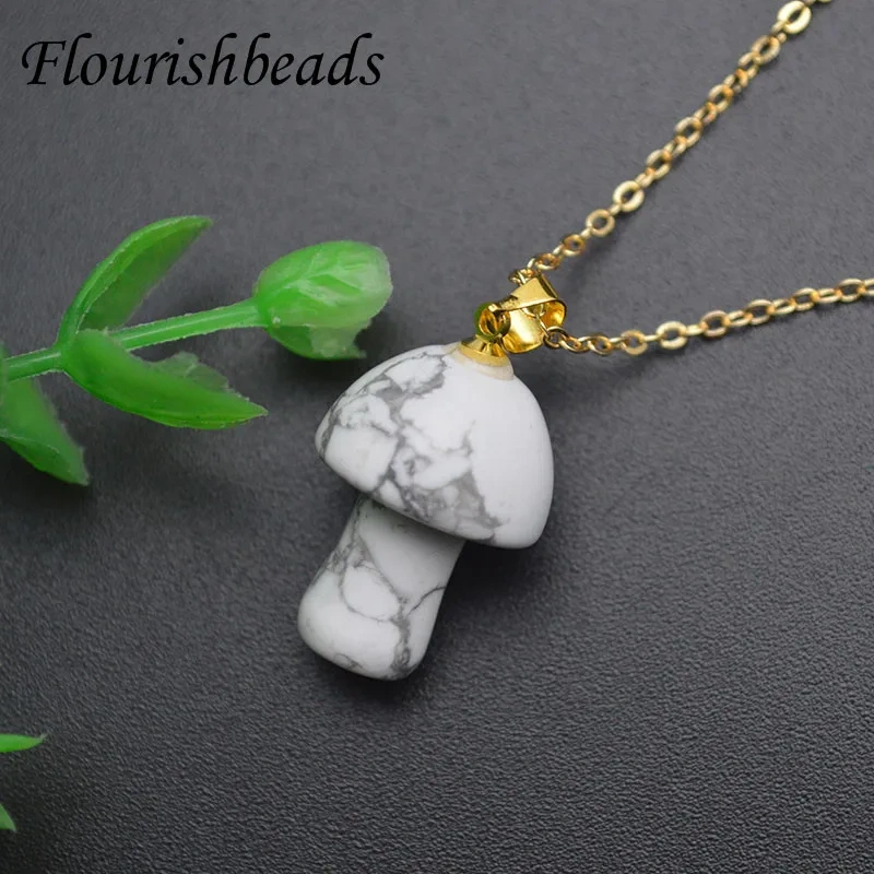 Low MOQ  Natural Gemstone Turquoise Quartz Crystal Amethyst Hand Carved Mushroom Pendant Link Necklace Yoga Amulet for Women Men