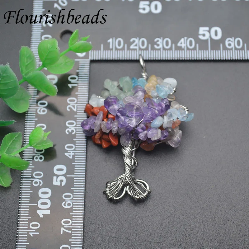 Natural Stone  7 Chakra Quartz Pendant Tree of Life Rhodium/Rose Gold Color Wire Wrapped for Women DIY Necklaces