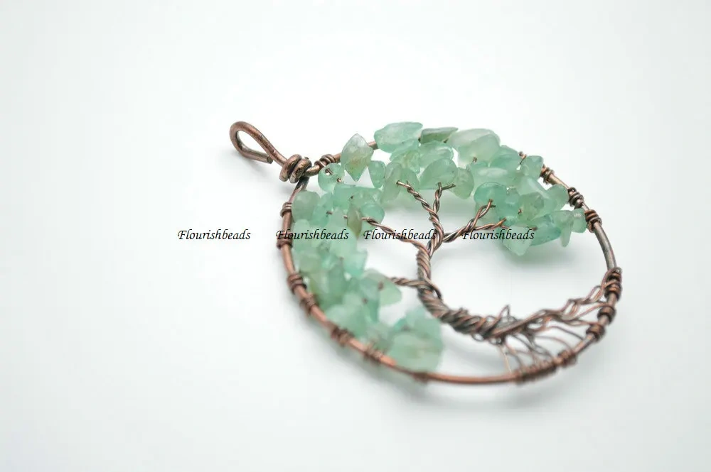 Natural Green Aventurine Stone Chips Antique Copper Color Wire Wrapped Life Tree Energy Pendant