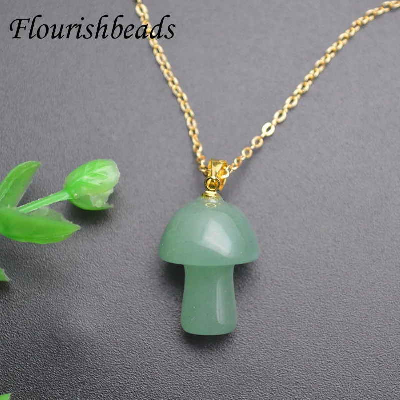Low MOQ  Natural Gemstone Turquoise Quartz Crystal Amethyst Hand Carved Mushroom Pendant Link Necklace Yoga Amulet for Women Men