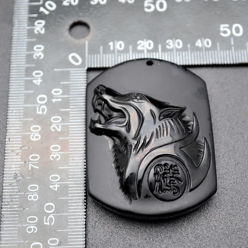 1pc Natural Black Obsidian Stone Rectangle Shape Carved Wolf Head Stone Wild Style Pendants Fit Necklace Makings