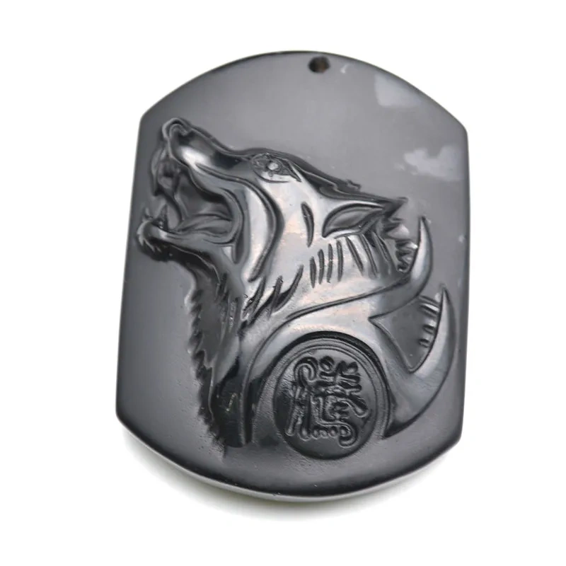 1pc Natural Black Obsidian Stone Rectangle Shape Carved Wolf Head Stone Wild Style Pendants Fit Necklace Makings