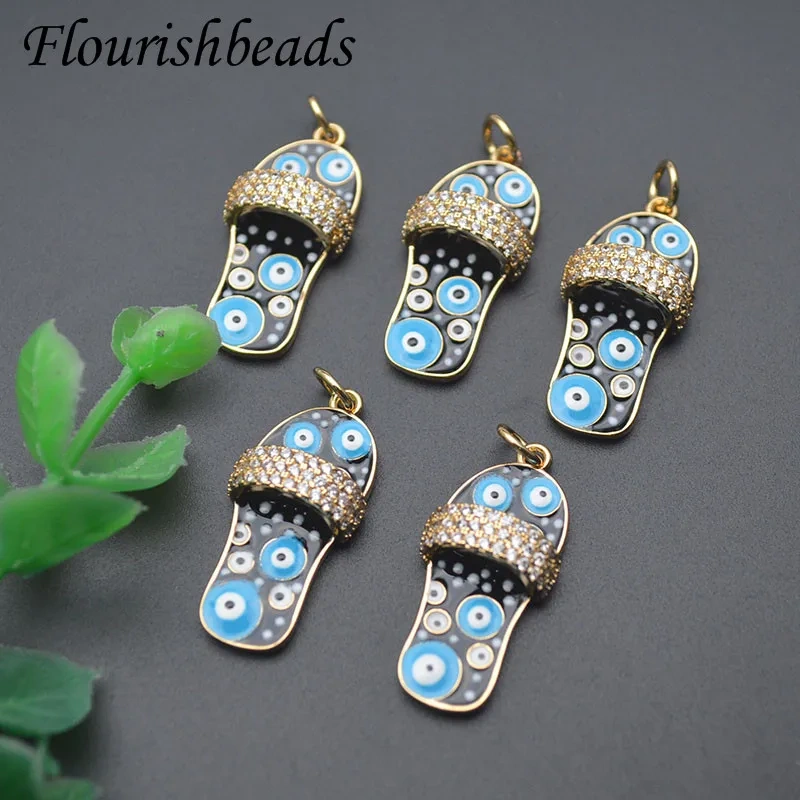 10pcs Paved CZ Beads Turkish Blue Evil Eye Enamel Slipper Pendant Charm Shoe for Handmade Jewelry Making Necklace