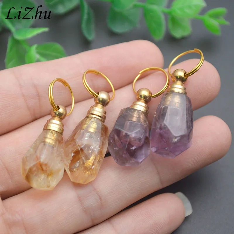 2pcs Natural Stone Amethyst Citrine Perfume Bottle Essential Oil Bottles for DIY Jewerly Necklace Gift
