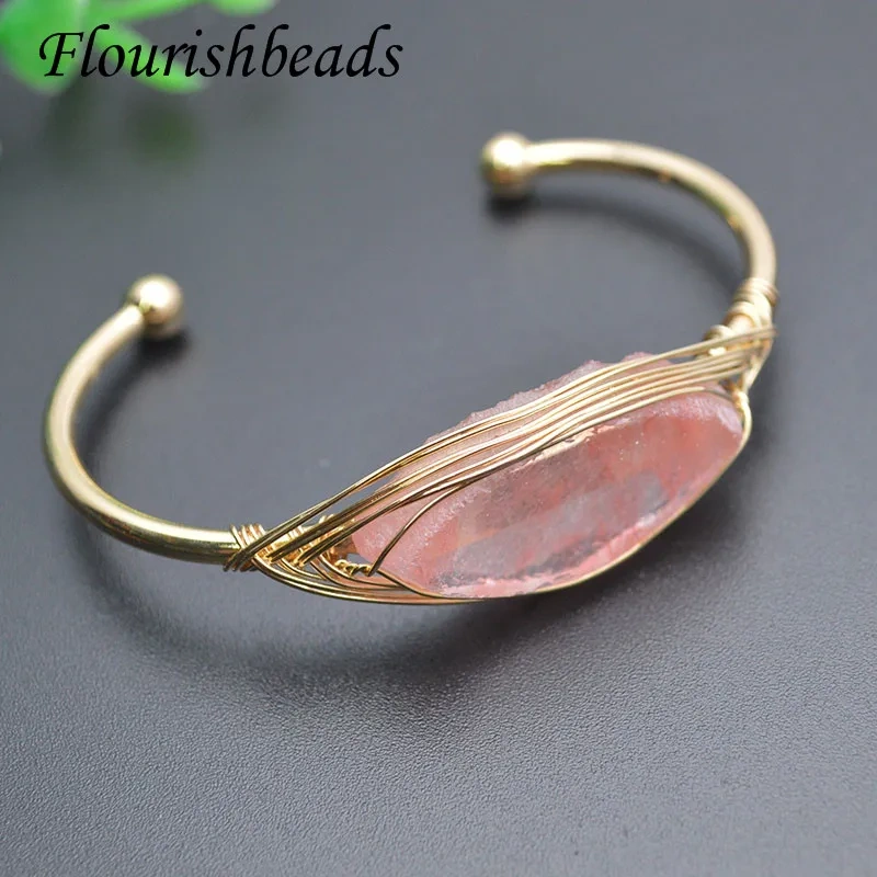 5pcs/lot Natural Stone Gold-color Wire Wrap Irregular Crystal Quartz Cuff Bangles for Fashion Jewelry Gift
