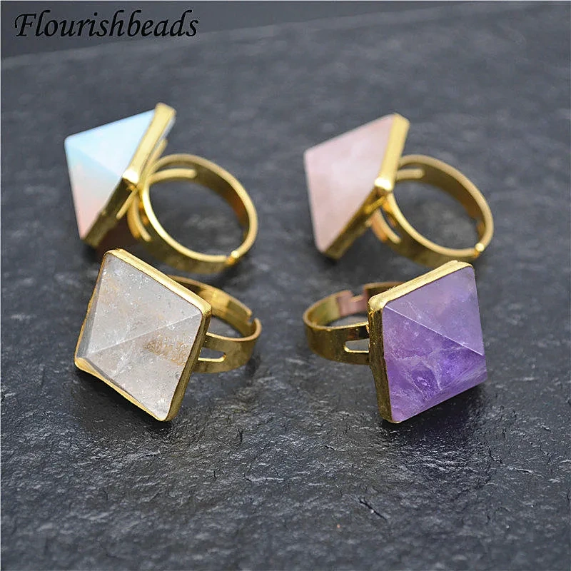 Pyramid Shape Natural Gemstone Rings Fashion Man Woman Party Jewelry Size Adjustable Gift Amthyst / Opal / Crystal / Rose Quartz