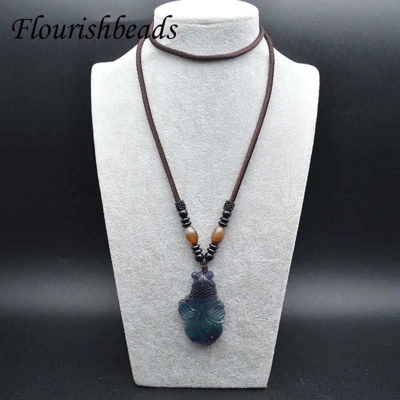 20x40mm High Quality Natural Colorful Fluorite Stone Claire Goldfish Shape Pendant Agate Chains Necklace Fashion Jewlery