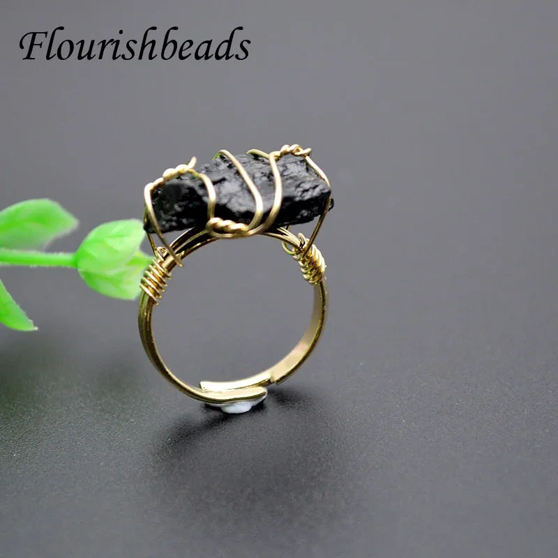 Fashion Irregular Raw Natural Stone Wire Wrap Tourmaline Agate Rose Quartz Crystal Finger Open Resizable Ring for Women