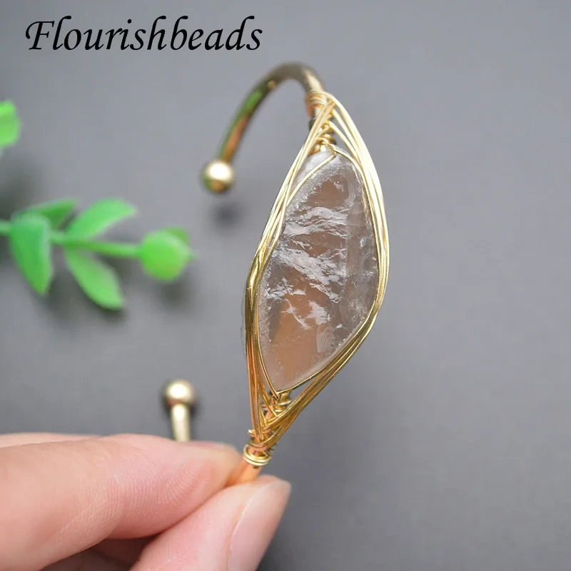 5pcs/lot Natural Stone Gold-color Wire Wrap Irregular Crystal Quartz Cuff Bangles for Fashion Jewelry Gift