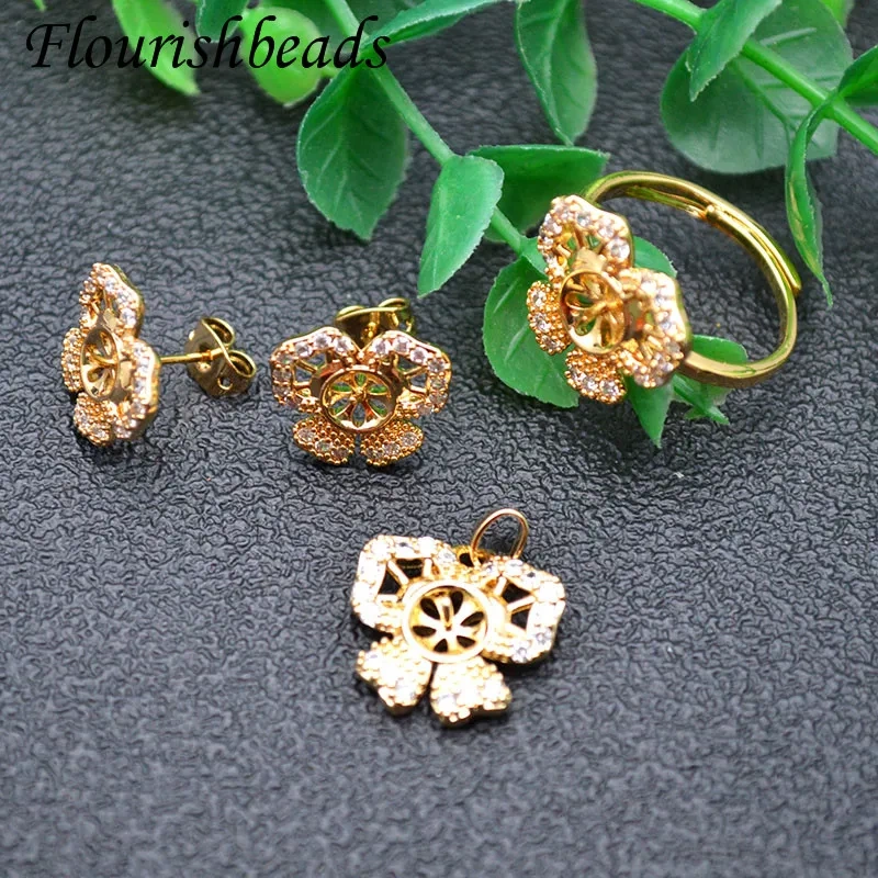 Luxury Jewelry Set Nickel Free Gold Color CZ Beads Paved Flower Rings Pendant Earring Stud Fit Half Hole Beads Jewelry Making