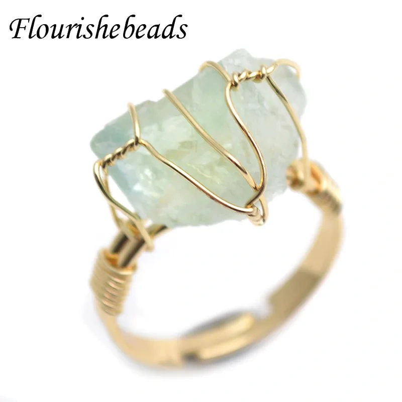 Fashion Irregular Raw Natural Stone Wire Wrap Tourmaline Agate Rose Quartz Crystal Finger Open Resizable Ring for Women