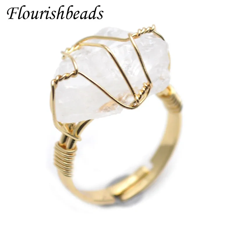 Fashion Irregular Raw Natural Stone Wire Wrap Tourmaline Agate Rose Quartz Crystal Finger Open Resizable Ring for Women