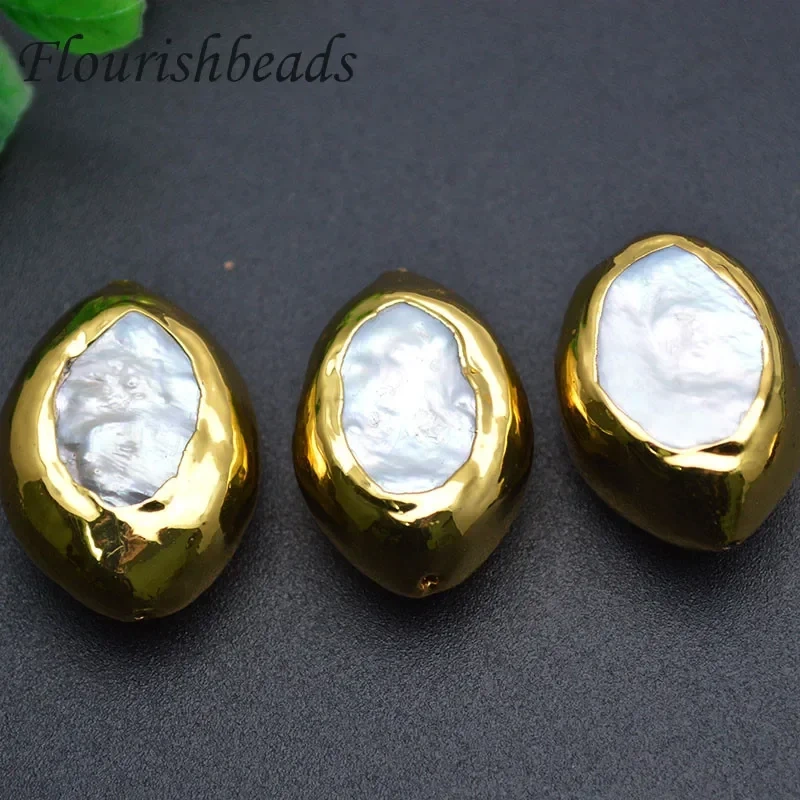 24k Gold Natural Fresh Water Pearl Fat Nugget Flat Oval Shape Spacer Loose Beads DIY Jewelry Making Supplies 5pc Per Lot