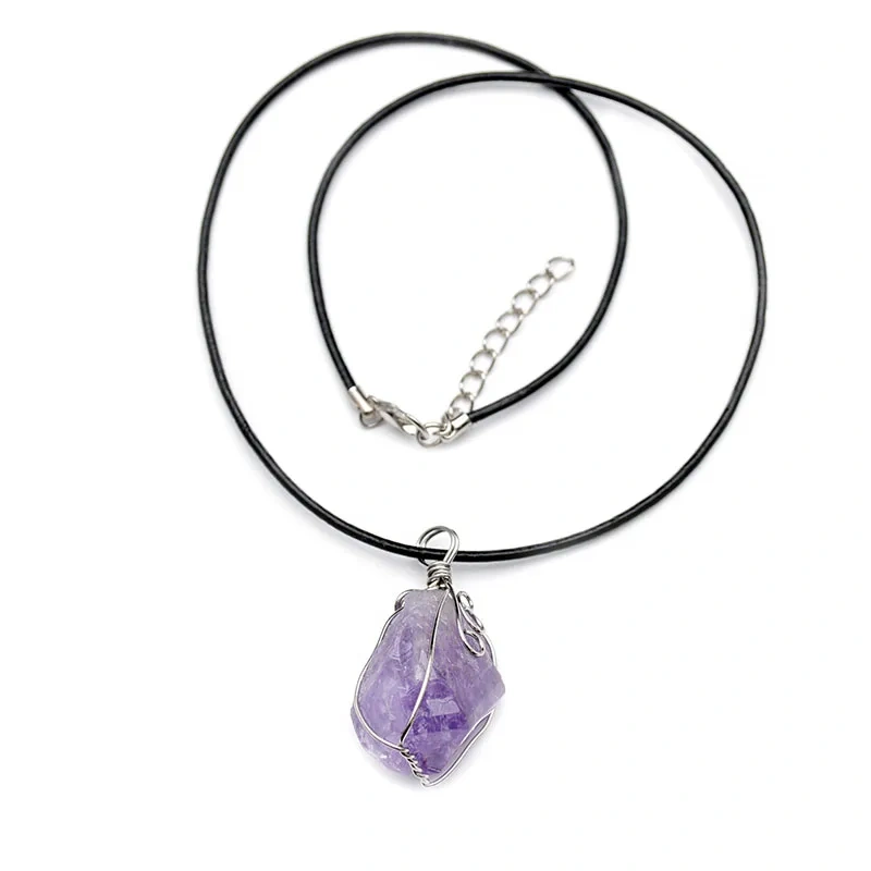 Cute Natural Amethyst Freeform Nugget Pendant Blace Cord Chains Necklace Fashion Energy Jewelry Crystal Healing Gem