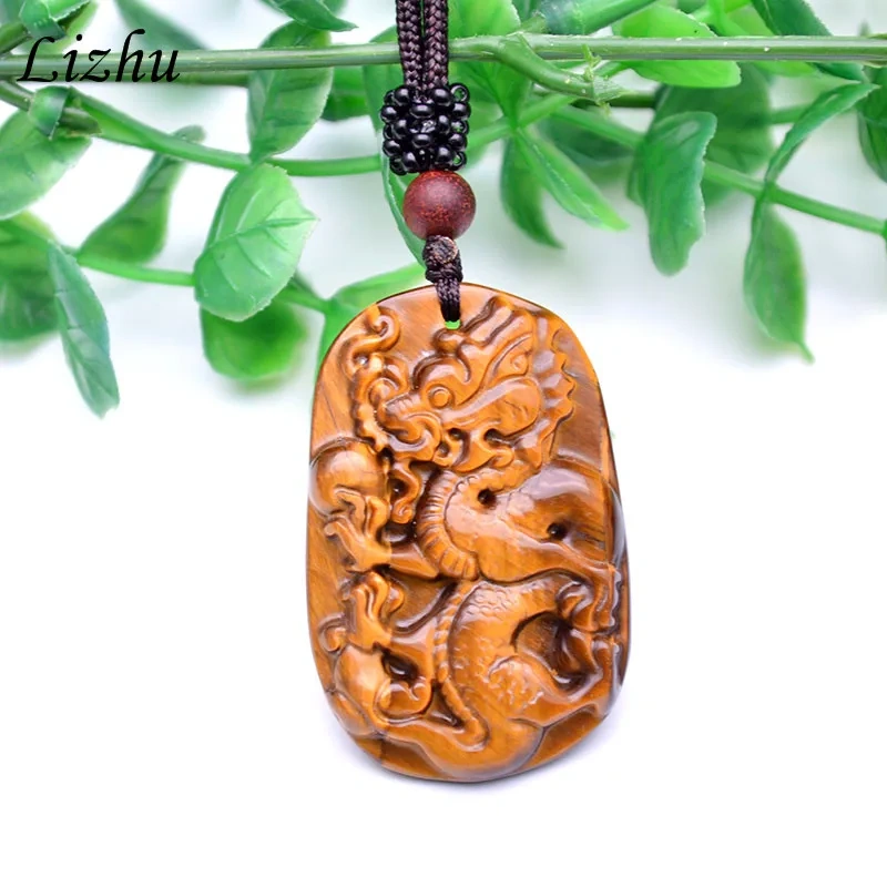 1pc Natural Stone Yellow Tiger Eye Necklaces Carving China Dragon Necklace Pendant Energy Good Luck Overbearing Jewelry