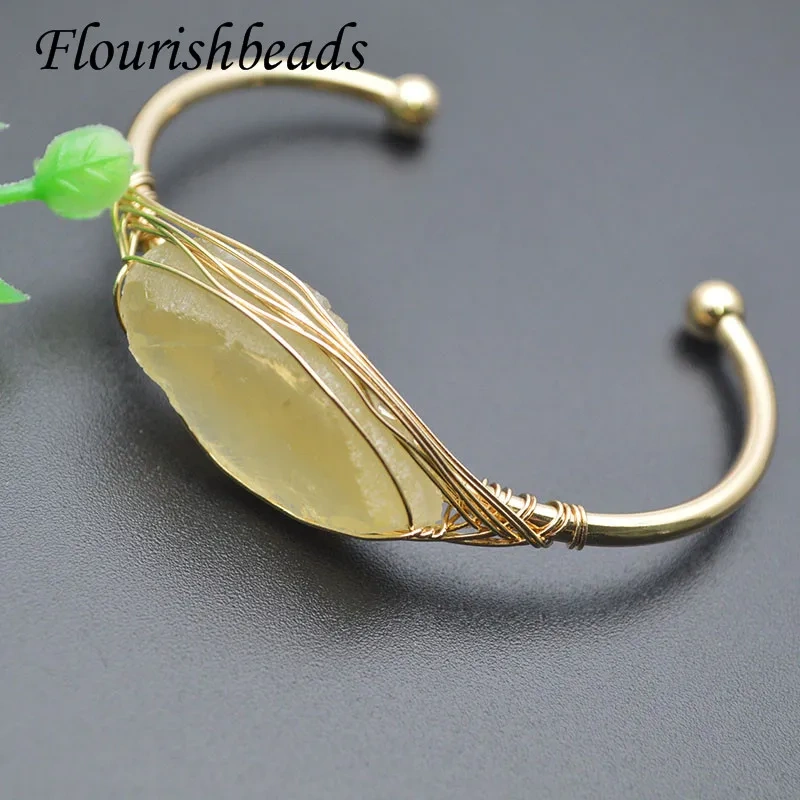 5pcs/lot Natural Stone Gold-color Wire Wrap Irregular Crystal Quartz Cuff Bangles for Fashion Jewelry Gift