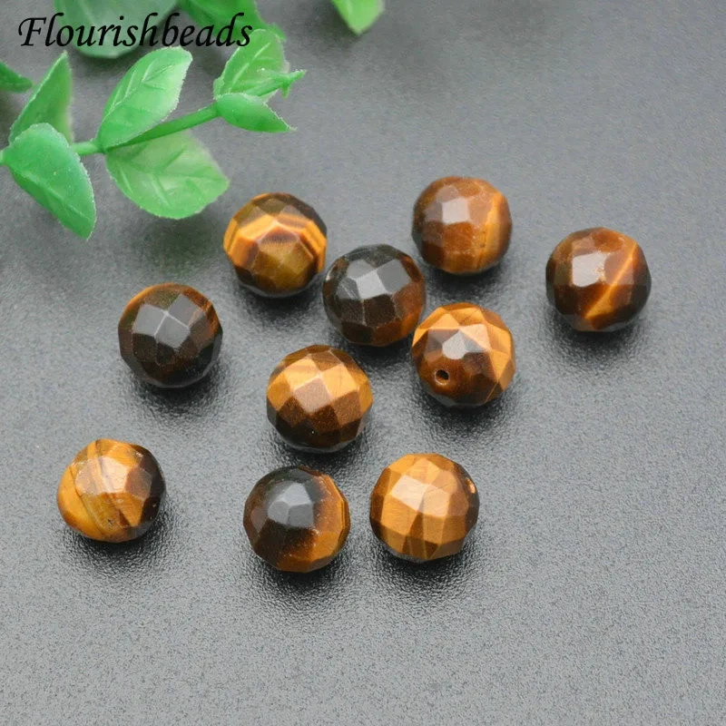 8mm 10mm Natural Tiger's Eye Faceted Round Stone Beads Half Hole for Earrings DIY Jewelry Findings Components 50pcs/lot