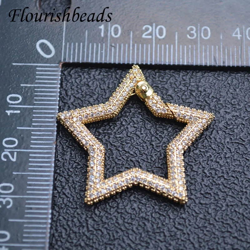 Gold Color Real CZ Beads Paved Star Shape Lock Carabiner Push In Clasp DIY Bracelet Necklace Accessories for Jewelry