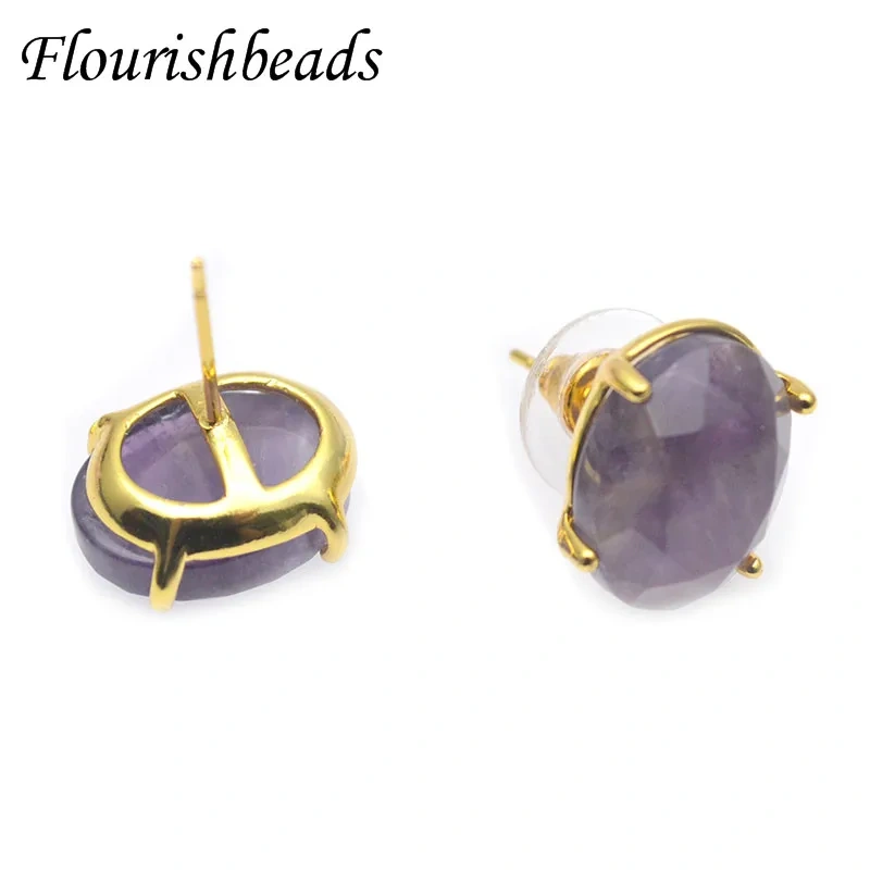 1 Pairs Natural Gemstone Amethyst Quartz Crystal Faceted Oval Gold Color Ear Stud Earring Post for Women Girl Party Jewely Gift