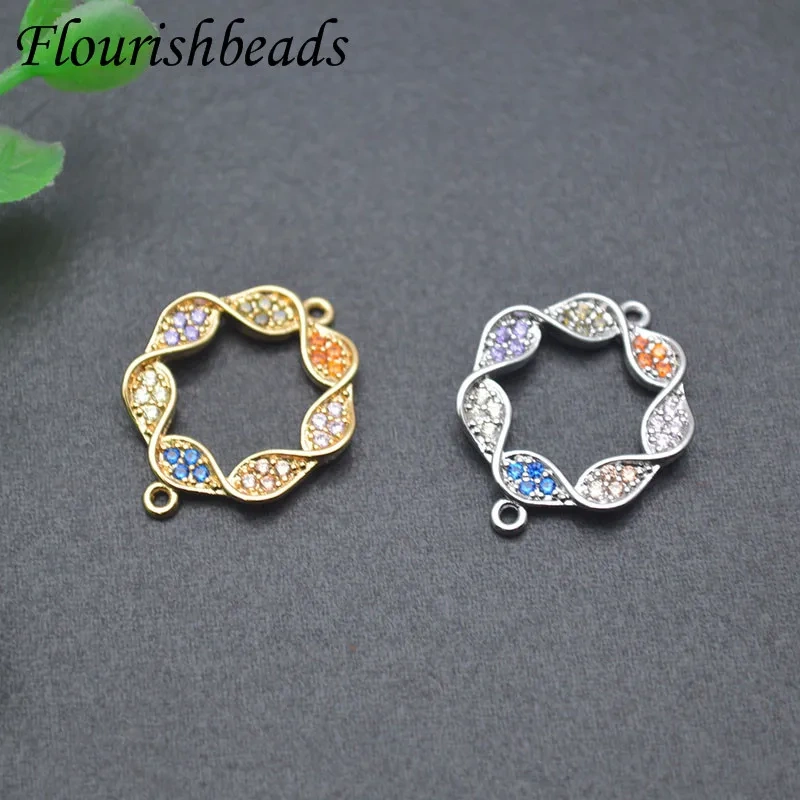 Copper Metal Plated Paved Zirconia Round Wave Shaped Connector Diy Jewelry Bracelet Accessories 22pcs/lot