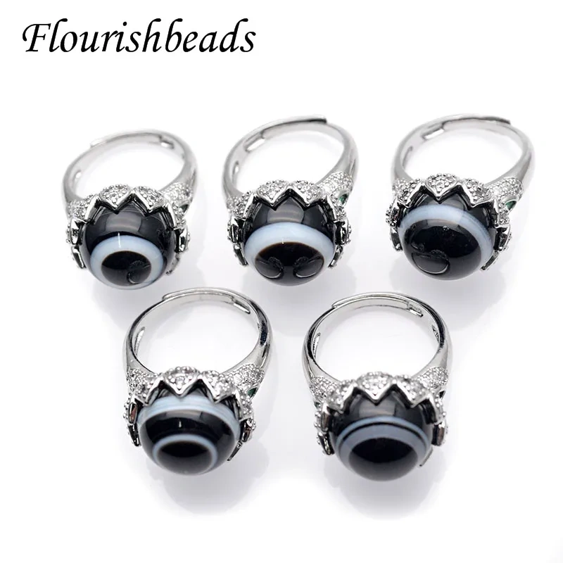 High Quality Eye Veins DZI Banded Black Agate Rings Adjustable Size  for Women Men Jewelry Gift 5pcs/lot
