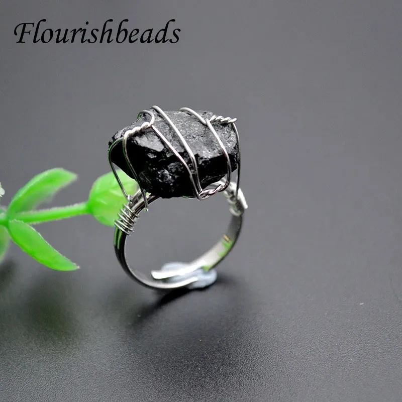 Fashion Irregular Raw Natural Stone Wire Wrap Tourmaline Agate Rose Quartz Crystal Finger Open Resizable Ring for Women